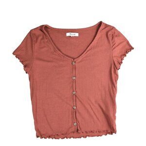 MADEWELL Terracotta Ribbed Baby Tee Ruffled Sleeves and Hem Front Button Small